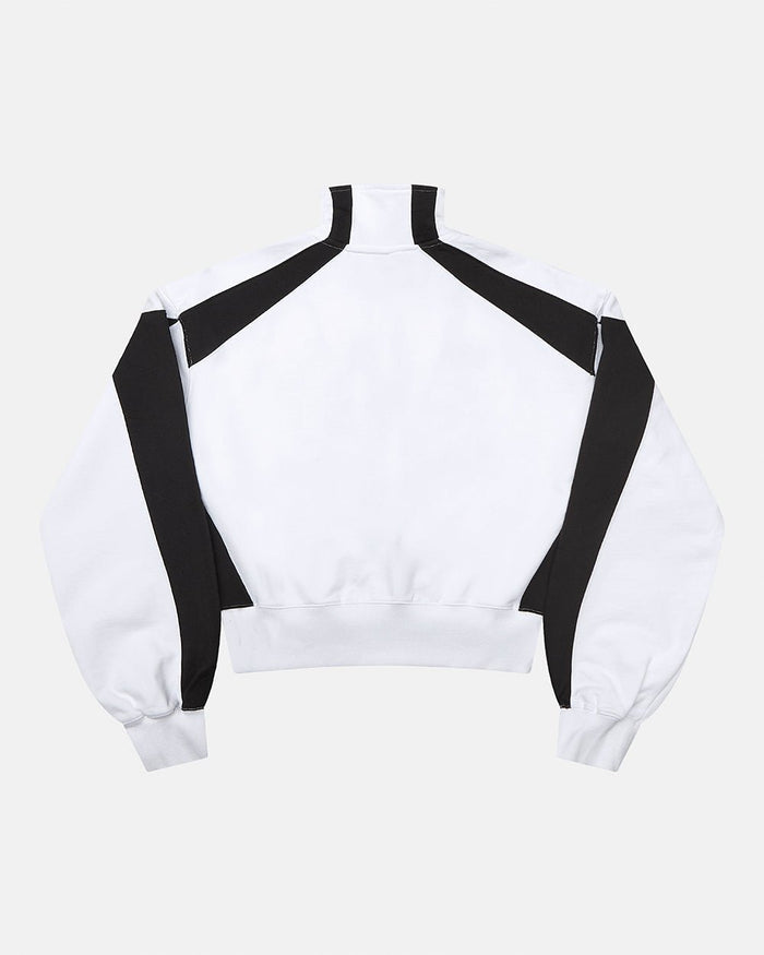 NIA SET ZIP UP WHITE & BLACK - white and black zip-up hoodie, back view - Cold Culture
