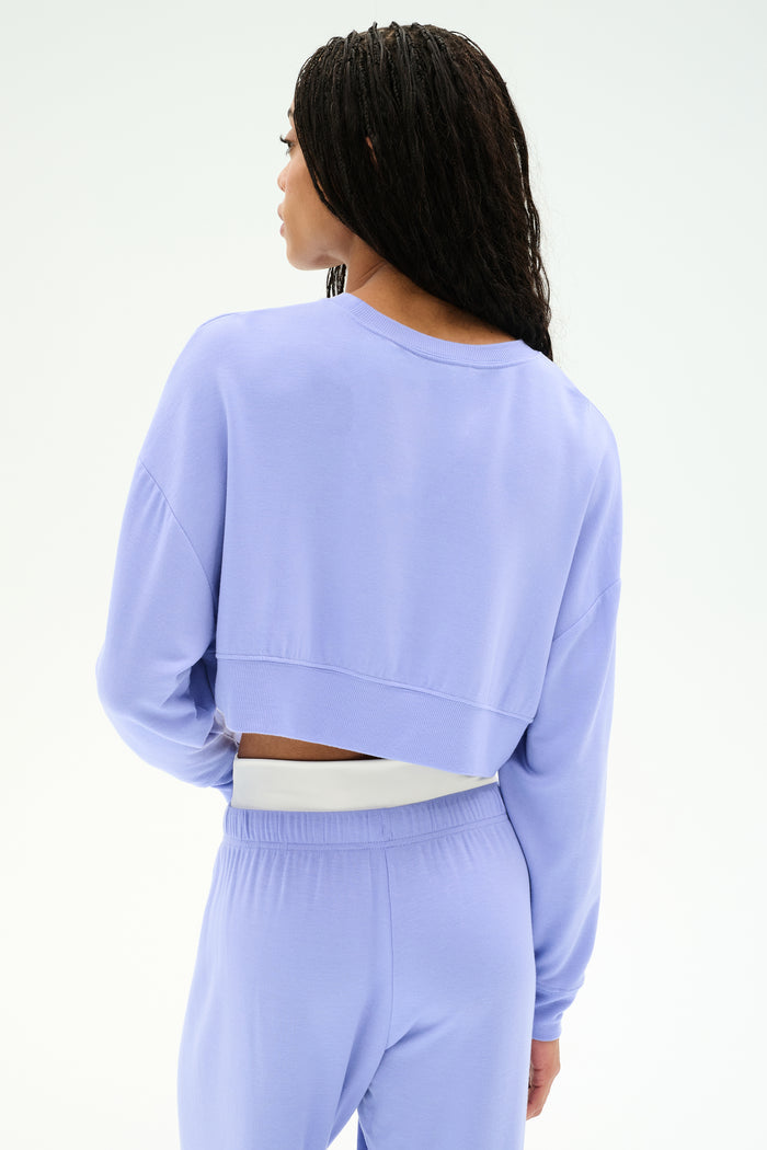 A person with long braided hair is shown from the back wearing the SPLITS59 Noah Fleece Crop Sweatshirt in Purple Haze, paired with matching stretchy pants, set against a plain light background.