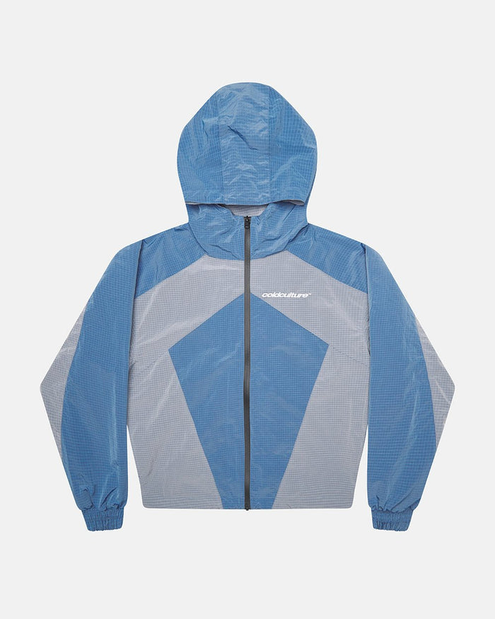NOT FORMAL JACKET BLUE - blue colorblock hooded jacket, front view - Cold Culture