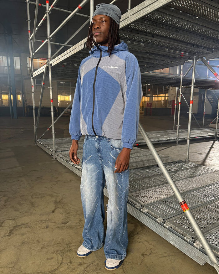 NOT FORMAL JACKET BLUE - blue colorblock hooded jacket, street style shot - Cold Culture