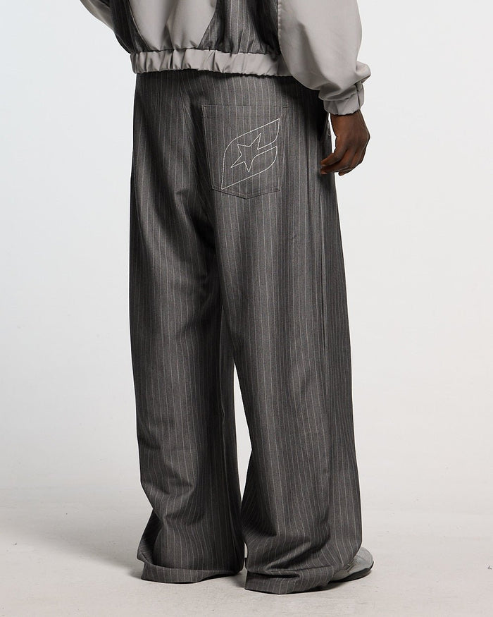 NOT FORMAL SET PANTS GREY - grey pinstripe pants, back view on male model - Cold Culture #man