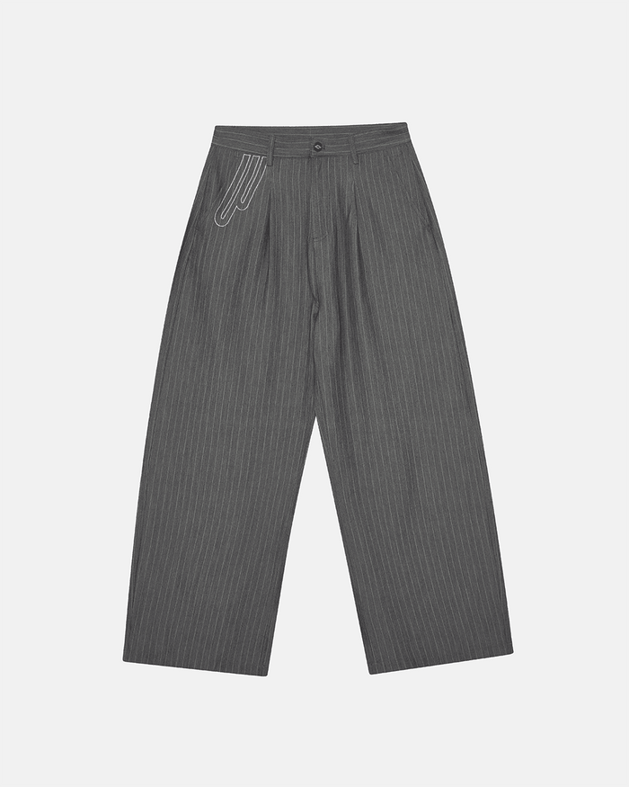 NOT FORMAL SET PANTS GREY - grey pinstripe pants, front view - Cold Culture