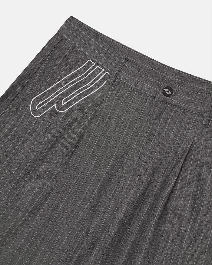 NOT FORMAL SET PANTS GREY - grey pinstripe pants, detail close-up - Cold Culture
