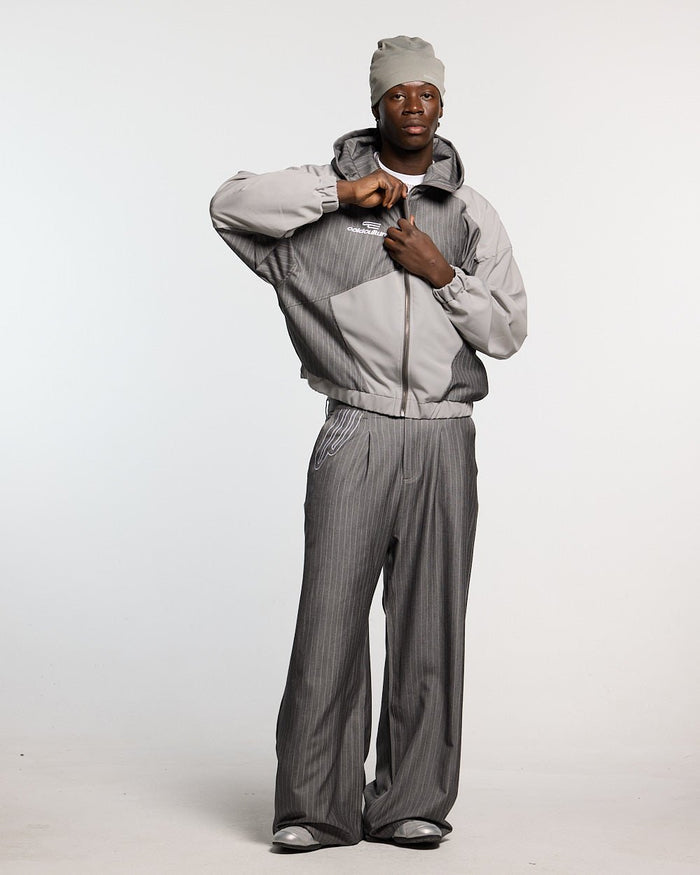 NOT FORMAL SET PANTS GREY - grey pinstripe pants, front view on male model - Cold Culture #man
