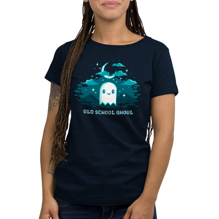 Premium Cotton T-shirt_TeeTurtle Old School Ghoul navy blue t-shirt featuring a spooky pixel art smiling ghost under a crescent moon and stars with text "Old School Ghoul" below in this Halloween and video game design.