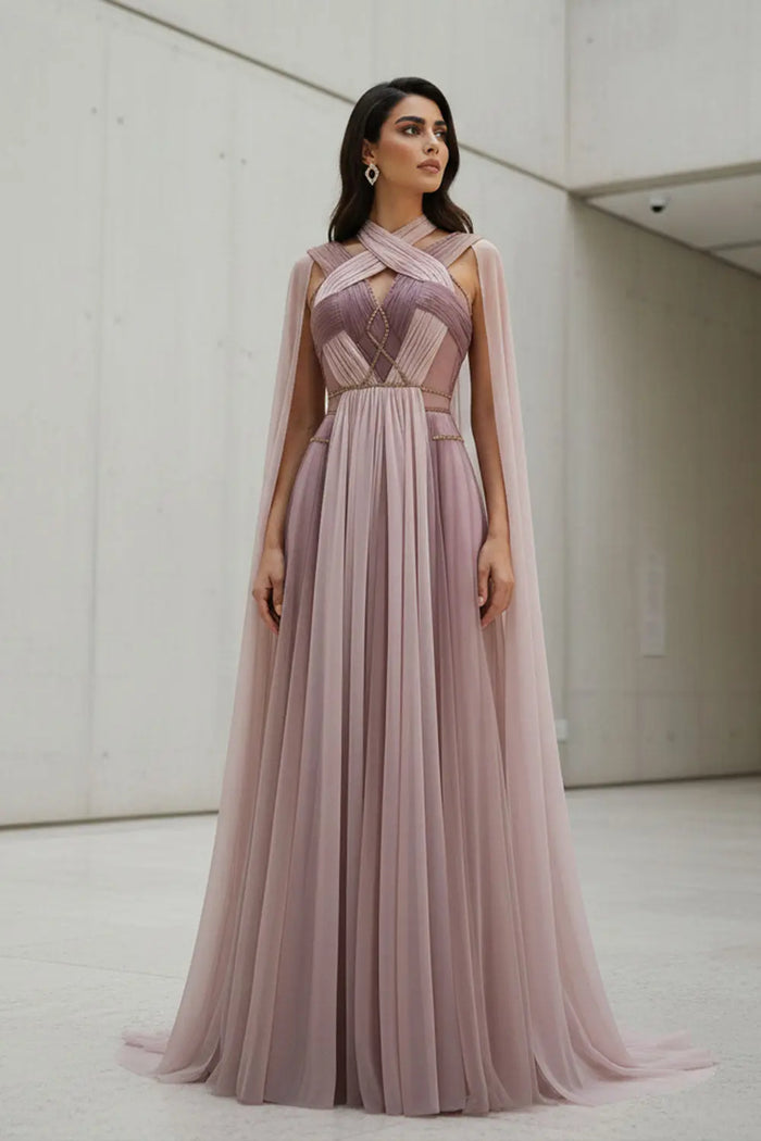 Ombre Pink Chiffon Long Evening Dress with Cape Sleeves SS309 Sheer Fairy