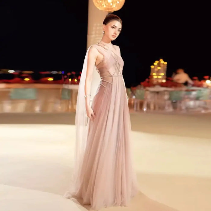 Ombre Pink Chiffon Long Evening Dress with Cape Sleeves SS309 Sheer Fairy