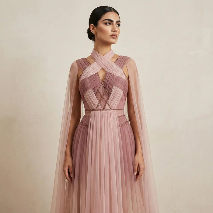 Ombre Pink Chiffon Long Evening Dress with Cape Sleeves SS309 Sheer Fairy