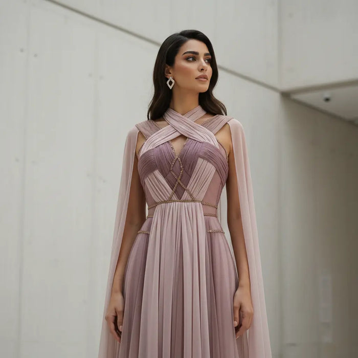Ombre Pink Chiffon Long Evening Dress with Cape Sleeves SS309 Sheer Fairy