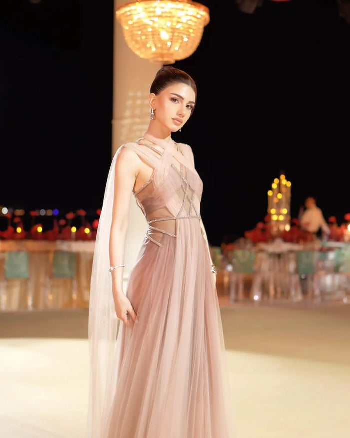Ombre Pink Chiffon Long Evening Dress with Cape Sleeves SS309 Sheer Fairy