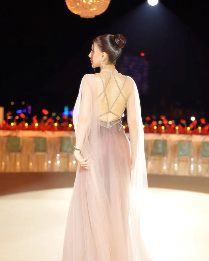 Ombre Pink Chiffon Long Evening Dress with Cape Sleeves SS309 Sheer Fairy