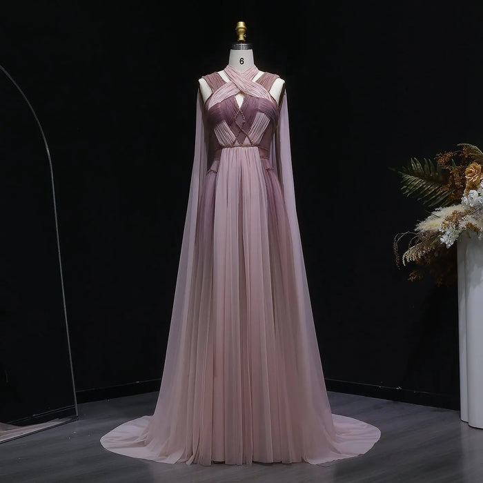 Ombre Pink Chiffon Long Evening Dress with Cape Sleeves SS309 Sheer Fairy