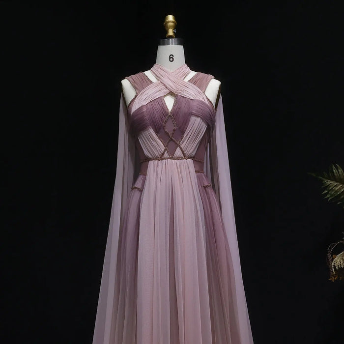 Ombre Pink Chiffon Long Evening Dress with Cape Sleeves SS309 Sheer Fairy