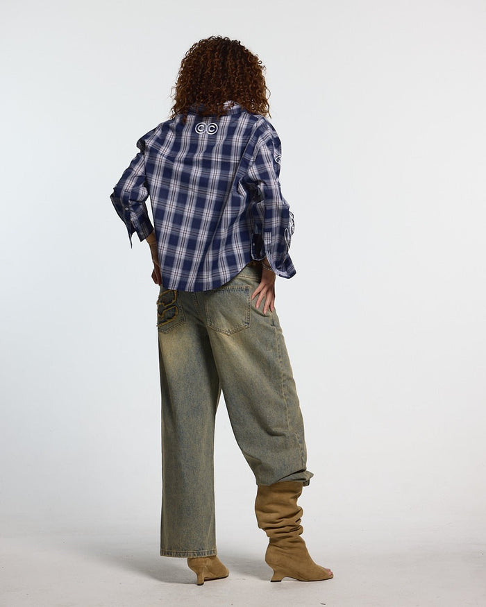 ON MY WAY LONGSLEEVE SHIRT BLUE - blue plaid long sleeve shirt, back view on female model - Cold Culture