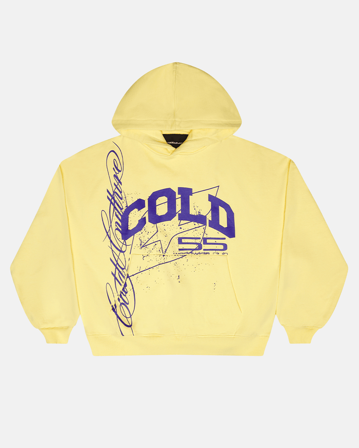 ON ROAD HOODIE YELLOW & BLUE - yellow graphic print hoodie, front view - Cold Culture