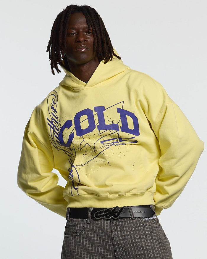 ON ROAD HOODIE YELLOW & BLUE - yellow graphic print hoodie, front view on male model - Cold Culture #man