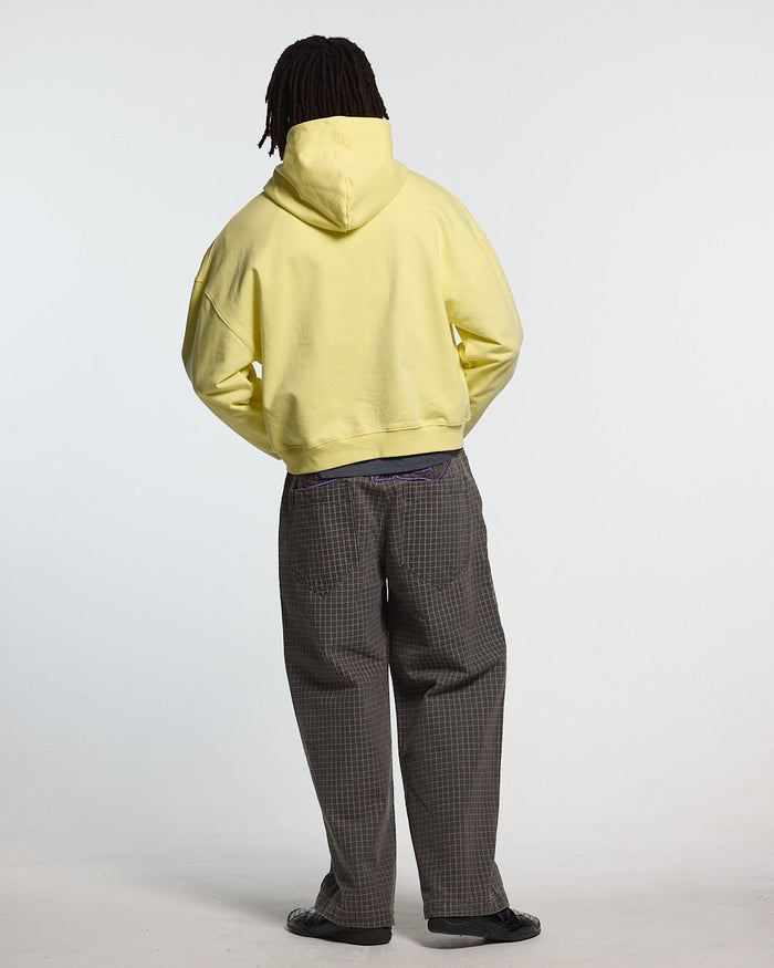 ON ROAD HOODIE YELLOW & BLUE - yellow graphic print hoodie, back view on male model - Cold Culture #man