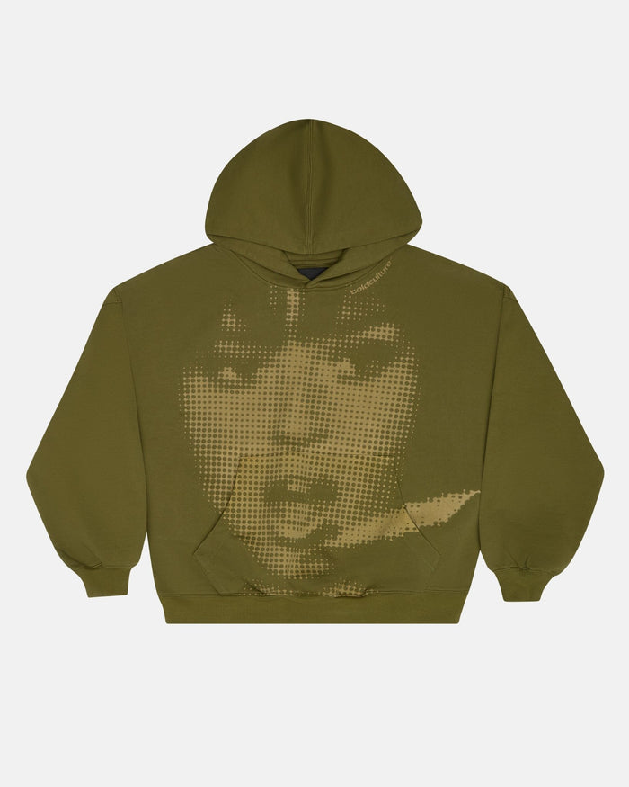 OOPS! HOODIE DARK GREEN - olive green graphic hoodie, front view - Cold Culture