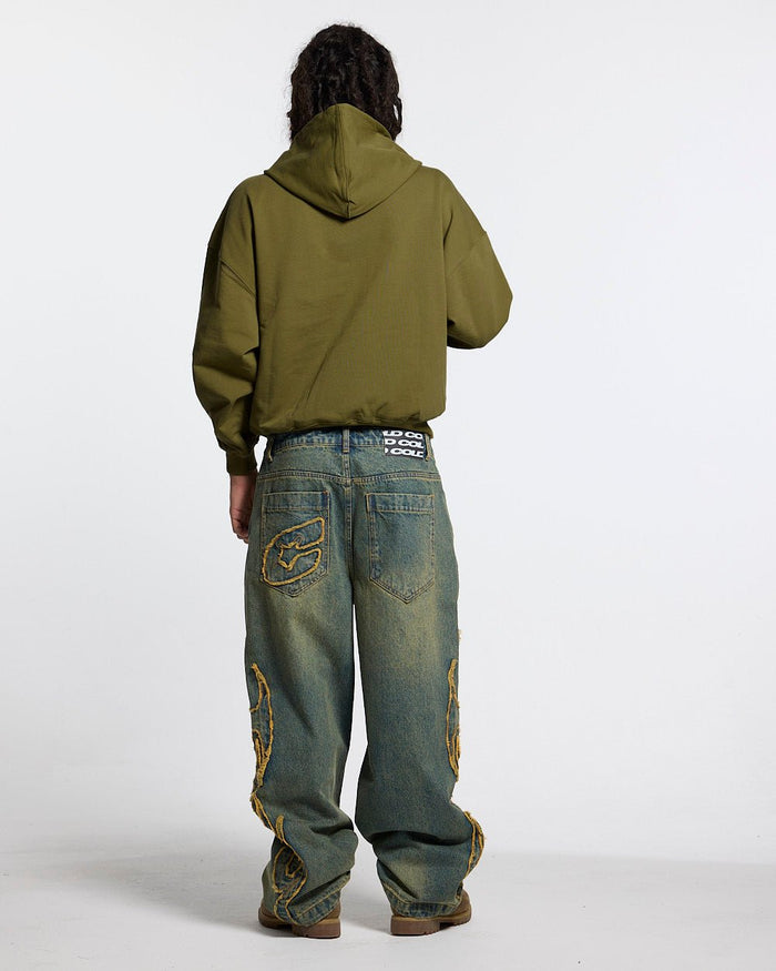 OOPS! HOODIE DARK GREEN - olive green graphic hoodie, back view on male model - Cold Culture #man