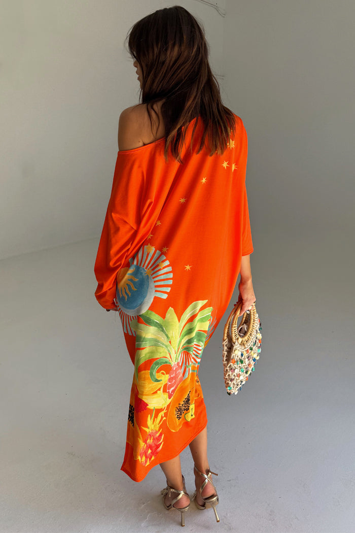 Orange Rio Jem Dress with a bright tropical sun and fruit print, featuring a relaxed, off-the-shoulder fit.