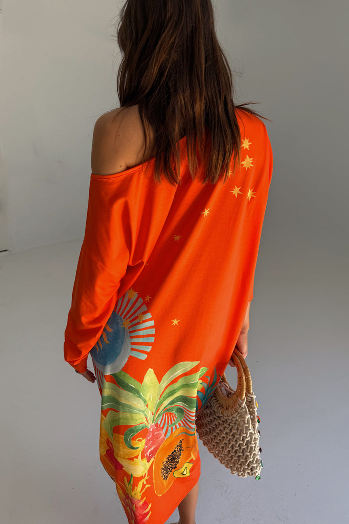 Orange Rio Jem Dress in a relaxed off-shoulder fit with tropical fruit and star prints, viewed from the back.