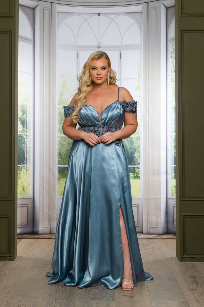 P7536-PLUS SATIN A LINE MAXI DRESS WITH SEQUINS AND BEADING