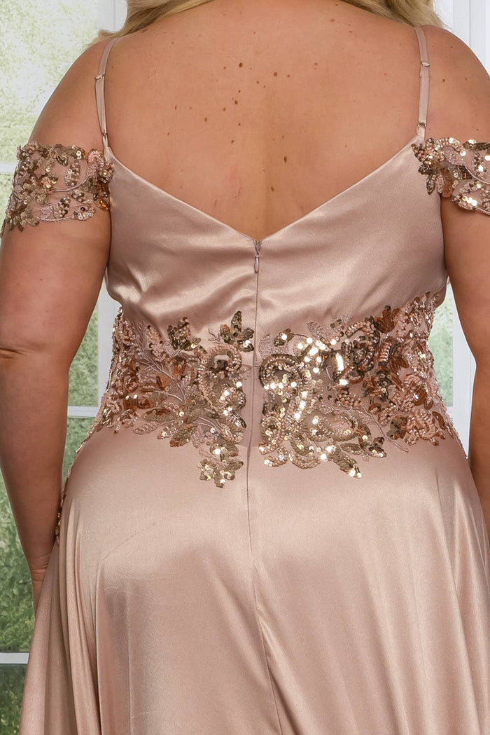 P7536-PLUS SATIN A LINE MAXI DRESS WITH SEQUINS AND BEADING