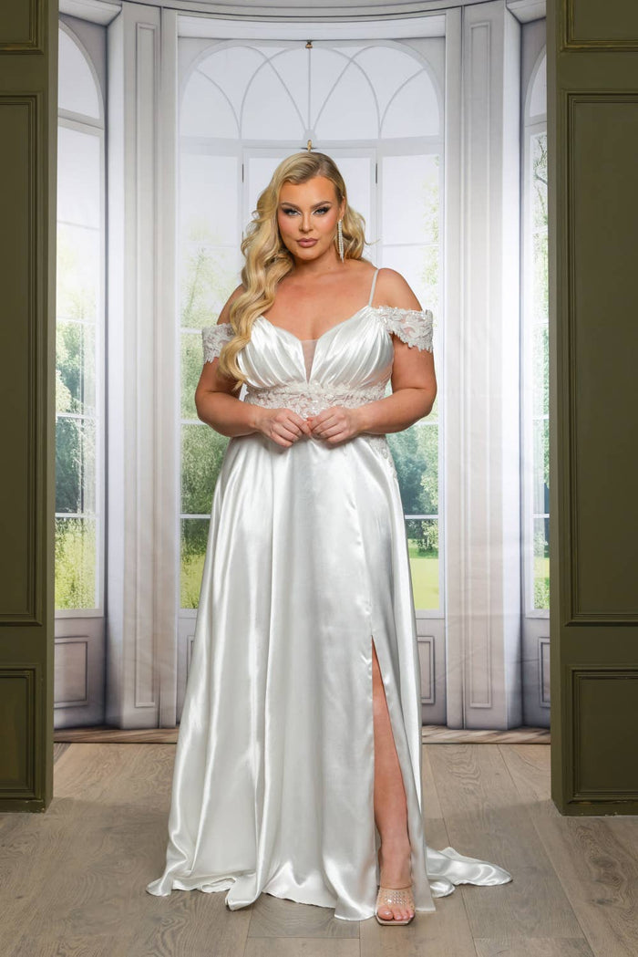 P7536-PLUS SATIN A LINE MAXI DRESS WITH SEQUINS AND BEADING