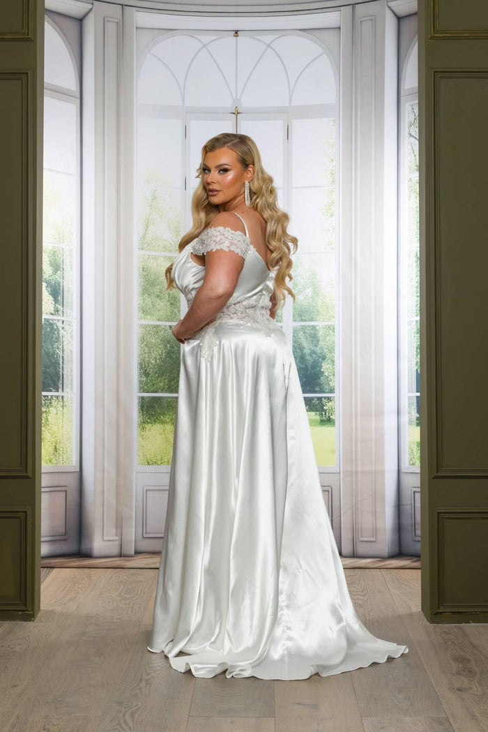 P7536-PLUS SATIN A LINE MAXI DRESS WITH SEQUINS AND BEADING