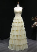 Pale Yellow Sweetheart Tiered Chiffon Long Evening Gown SH060 Sheer Fairy