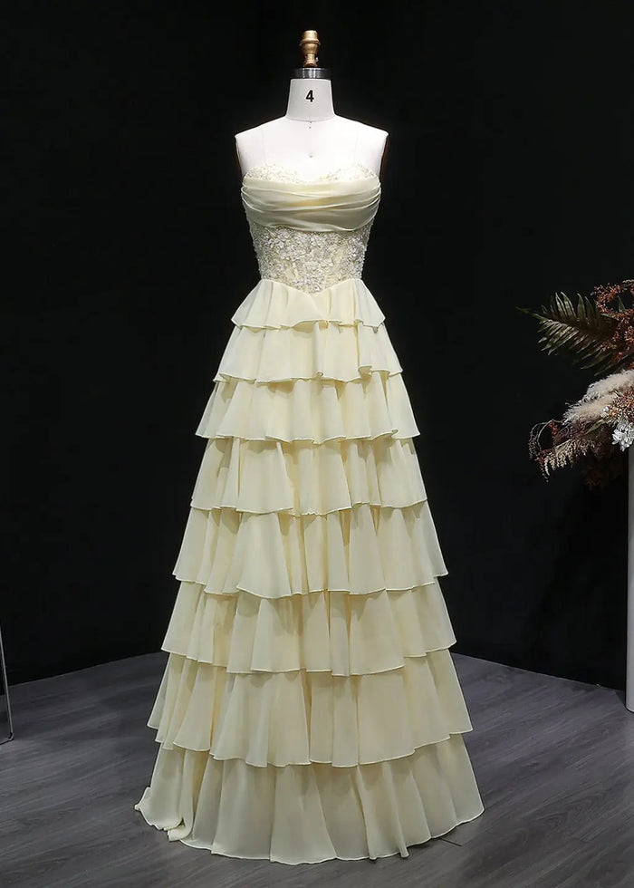 Pale Yellow Sweetheart Tiered Chiffon Long Evening Gown SH060 Sheer Fairy