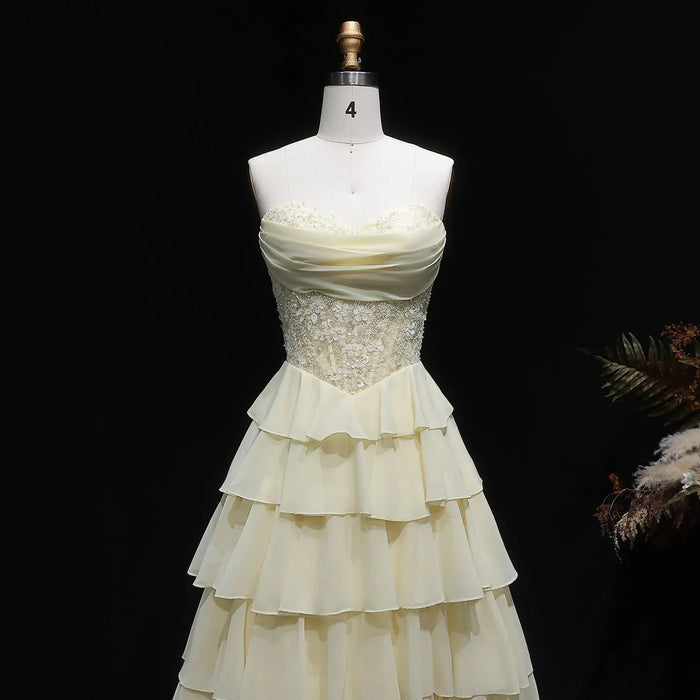 Pale Yellow Sweetheart Tiered Chiffon Long Evening Gown SH060 Sheer Fairy