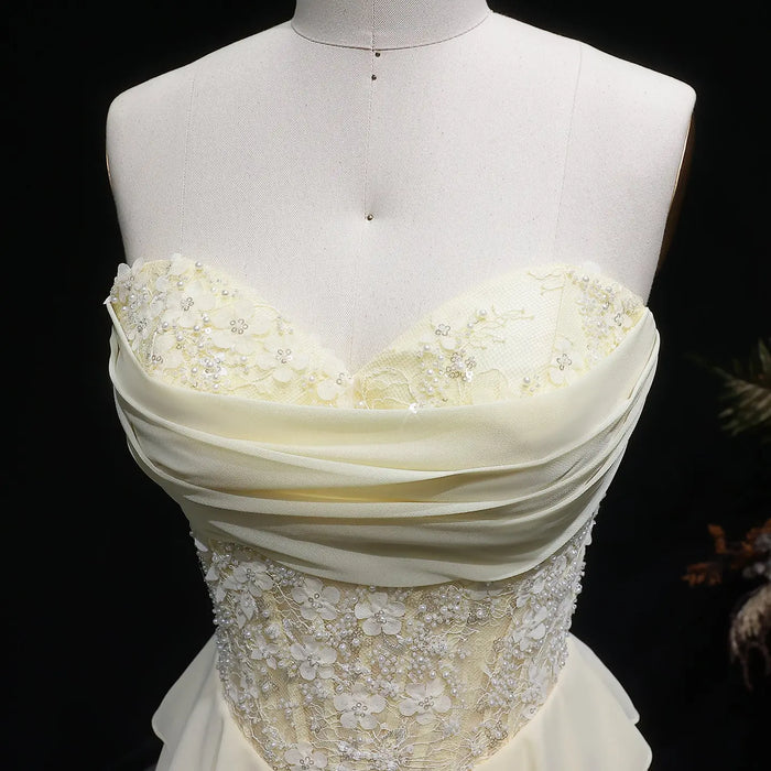 Pale Yellow Sweetheart Tiered Chiffon Long Evening Gown SH060 Sheer Fairy