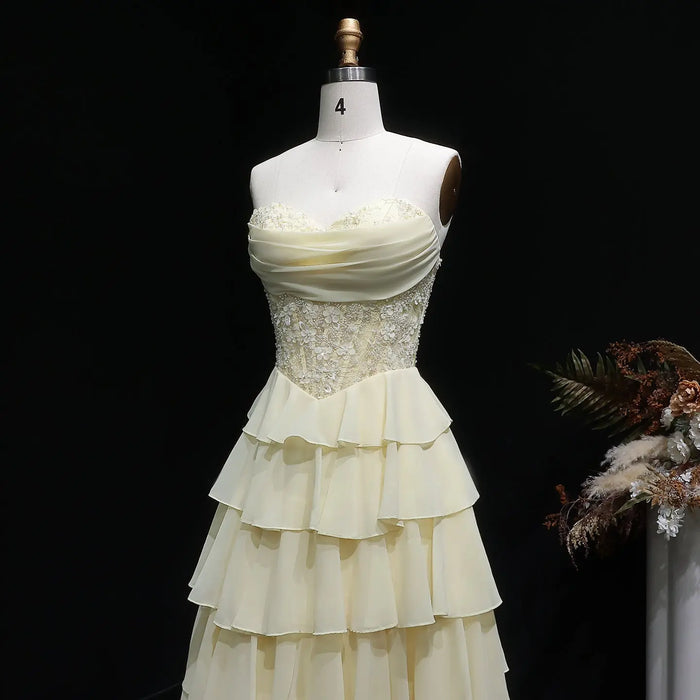 Pale Yellow Sweetheart Tiered Chiffon Long Evening Gown SH060 Sheer Fairy