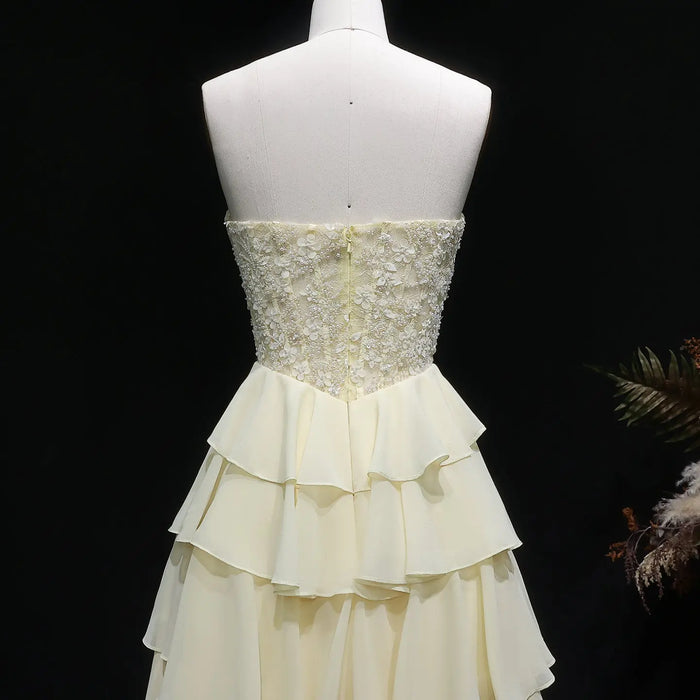 Pale Yellow Sweetheart Tiered Chiffon Long Evening Gown SH060 Sheer Fairy