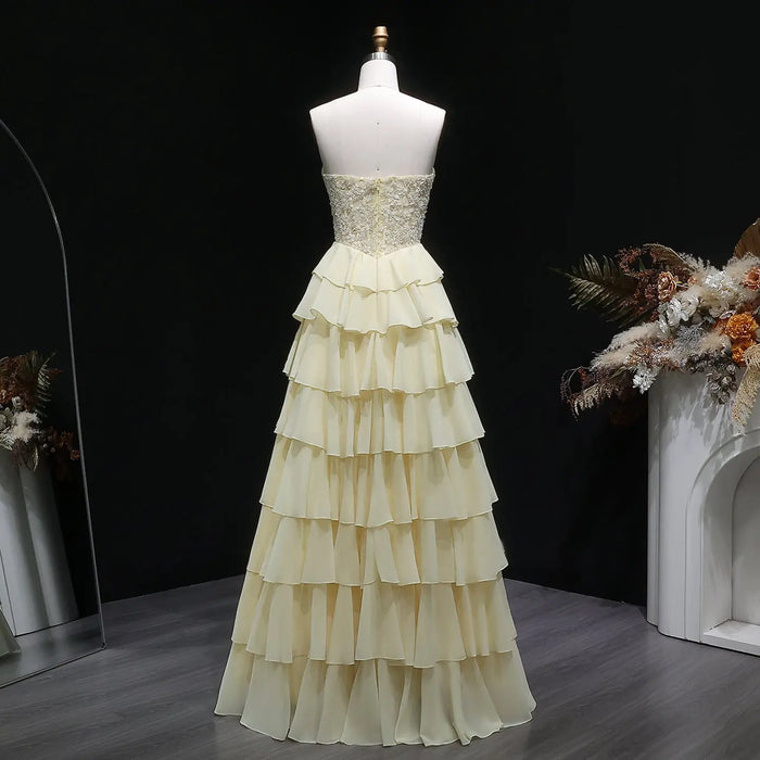 Pale Yellow Sweetheart Tiered Chiffon Long Evening Gown SH060 Sheer Fairy