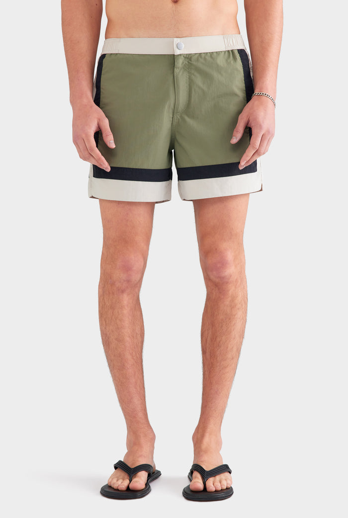Panelled Fixed Waist Swim Short - Sage/Stone/Black