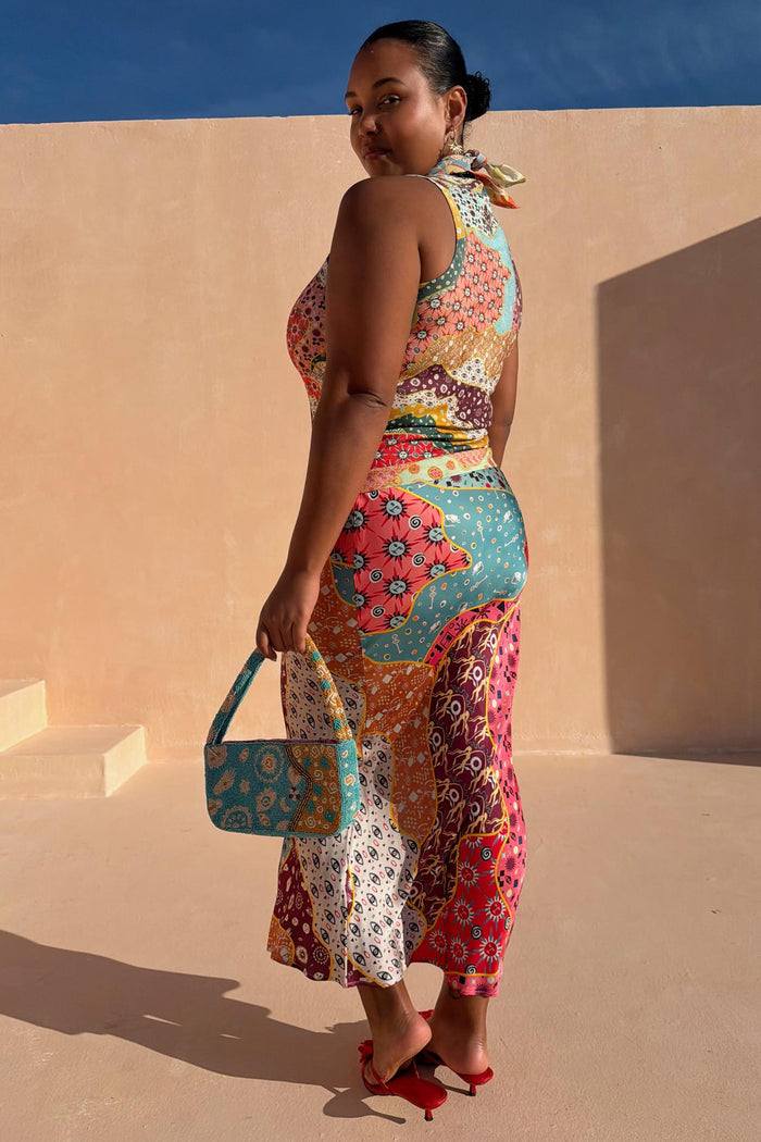 London-designed Pastel Morocco Dorris Skirt with a multi-colour sun and snake print for inclusive sizing.