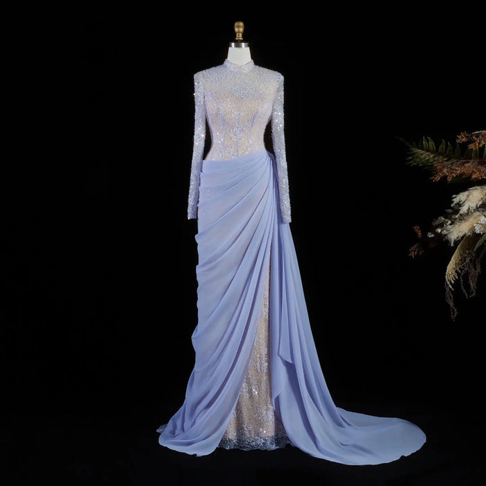 Periwinkle Lace High Neck Long Sleeve Mermaid Violet Evening Dress SF429 Sheer Fairy