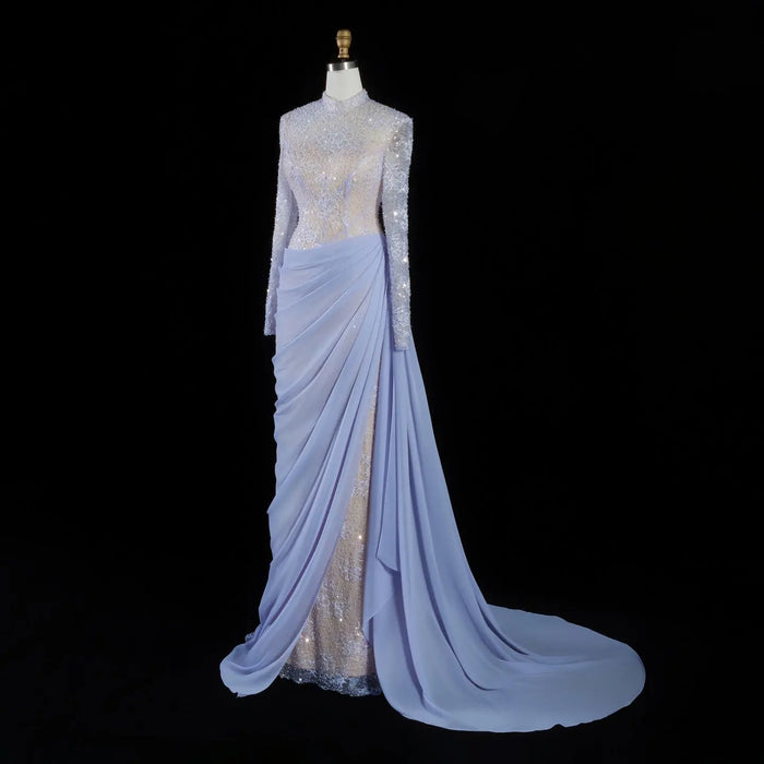 Periwinkle Lace High Neck Long Sleeve Mermaid Violet Evening Dress SF429 Sheer Fairy