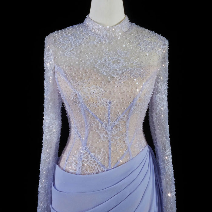 Periwinkle Lace High Neck Long Sleeve Mermaid Violet Evening Dress SF429 Sheer Fairy