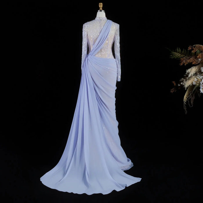Periwinkle Lace High Neck Long Sleeve Mermaid Violet Evening Dress SF429 Sheer Fairy