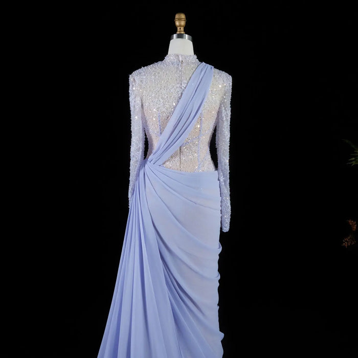 Periwinkle Lace High Neck Long Sleeve Mermaid Violet Evening Dress SF429 Sheer Fairy