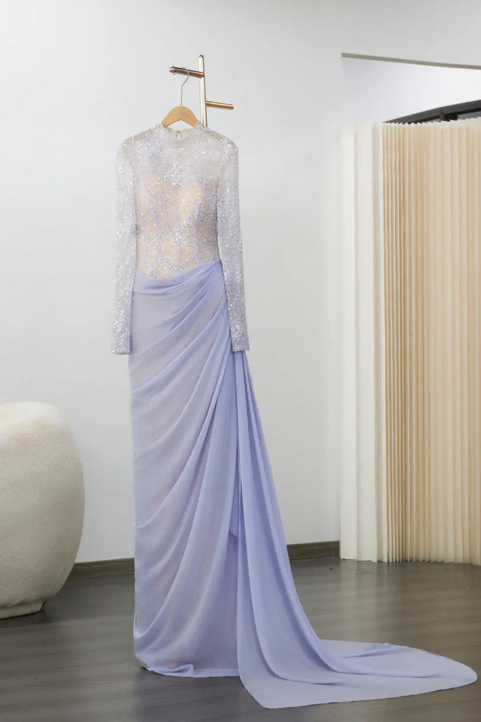 Periwinkle Lace High Neck Long Sleeve Mermaid Violet Evening Dress SF429 Sheer Fairy