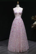 Pink Floral 3D Appliqué Halter Corset A-Line Prom Dress SH051 Sheer Fairy
