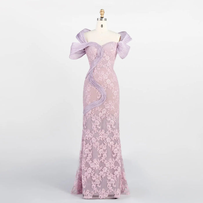 Pink Floral Lace Formal Evening Dress Off the Shoulder Mermaid Prom Dress with 3D Detail ST011 Sheer Fairy