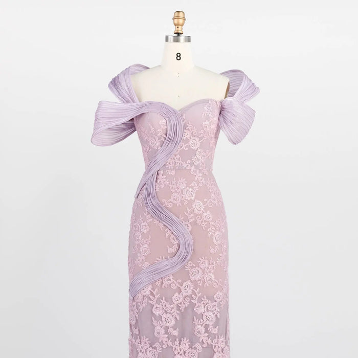 Pink Floral Lace Formal Evening Dress Off the Shoulder Mermaid Prom Dress with 3D Detail ST011 Sheer Fairy