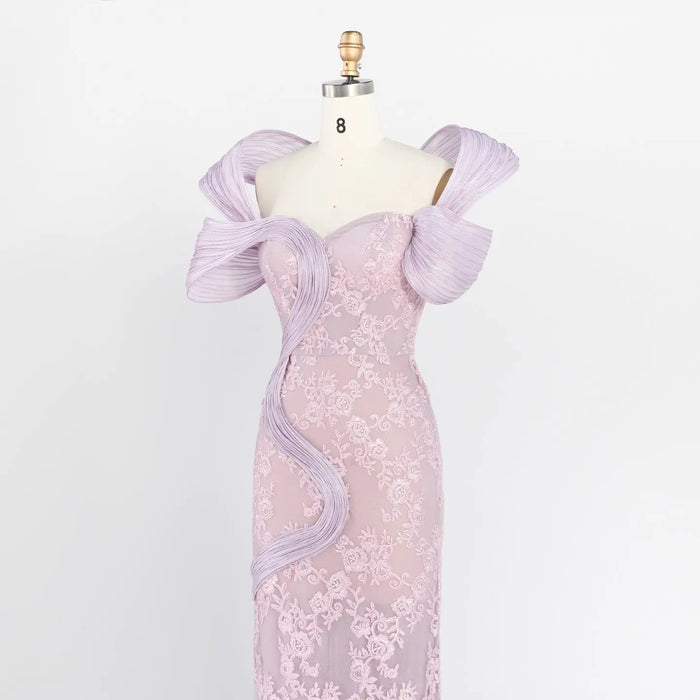 Pink Floral Lace Formal Evening Dress Off the Shoulder Mermaid Prom Dress with 3D Detail ST011 Sheer Fairy