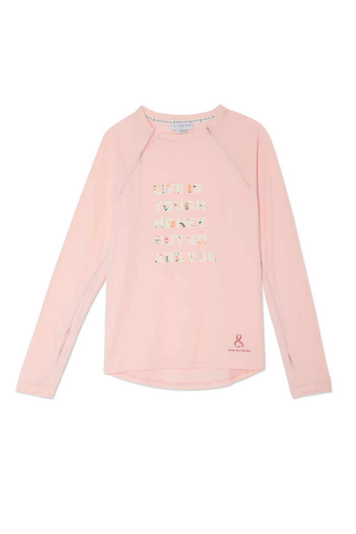 Pink Life is Tough accessible long sleeve t-shirt with floral graphic text and functional treatment zips.