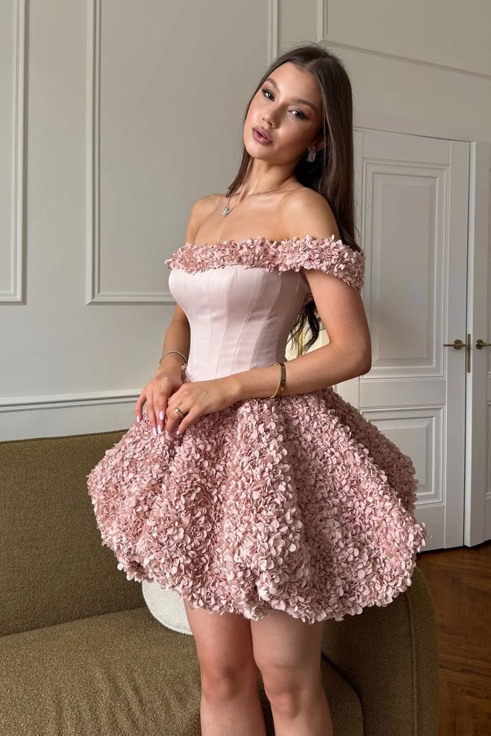 Pink Off-Shoulder Corset Mini Homecoming Dress with 3D Floral Petal RM206 Sheer Fairy